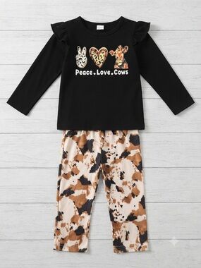 Girls' Black Peace Love Cows Pajama Set with Cream and Brown Cow-Print Pants